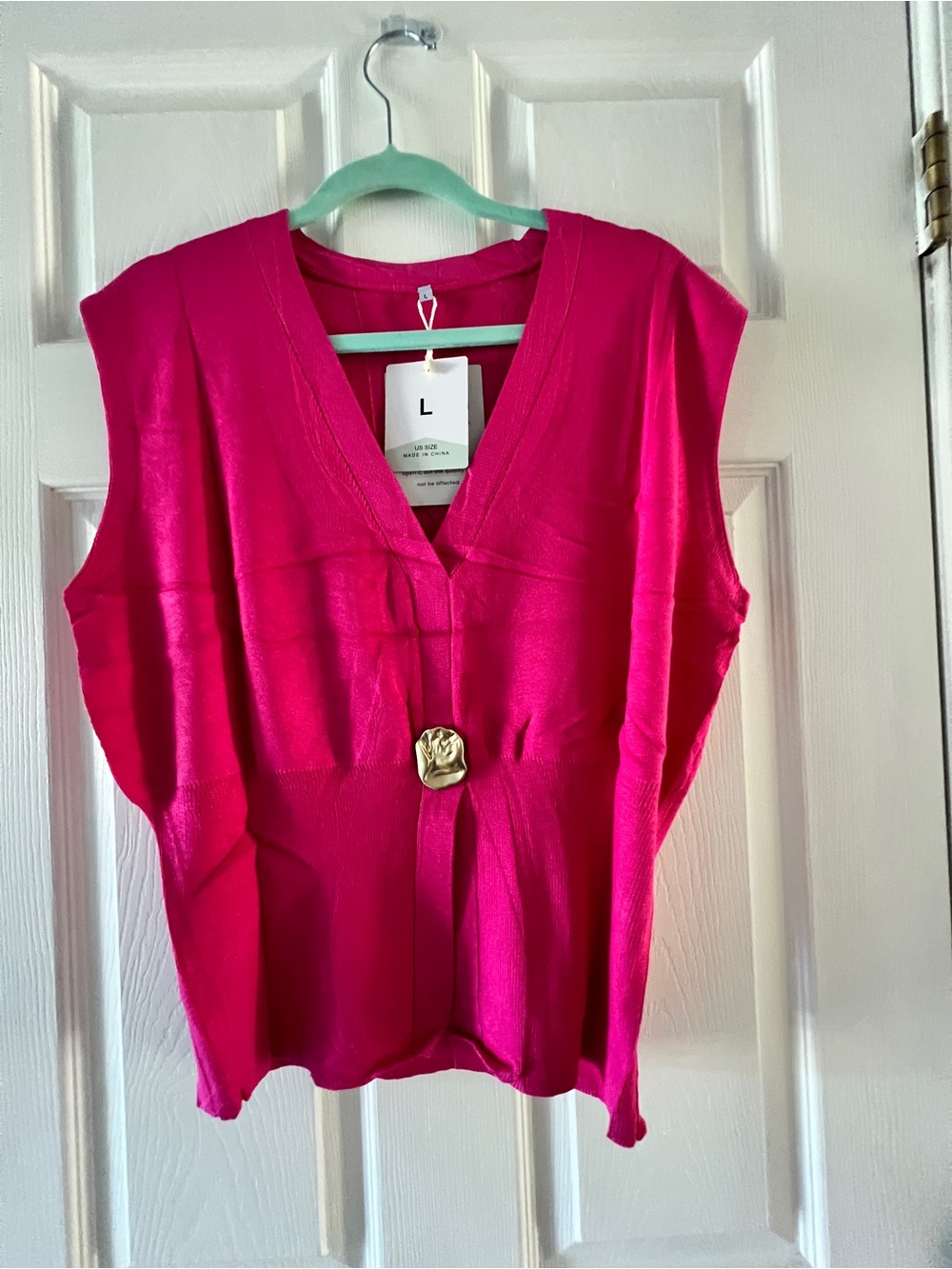 Women's V-Neck Sleeveless Top with Decorative Accent - Hot Pink